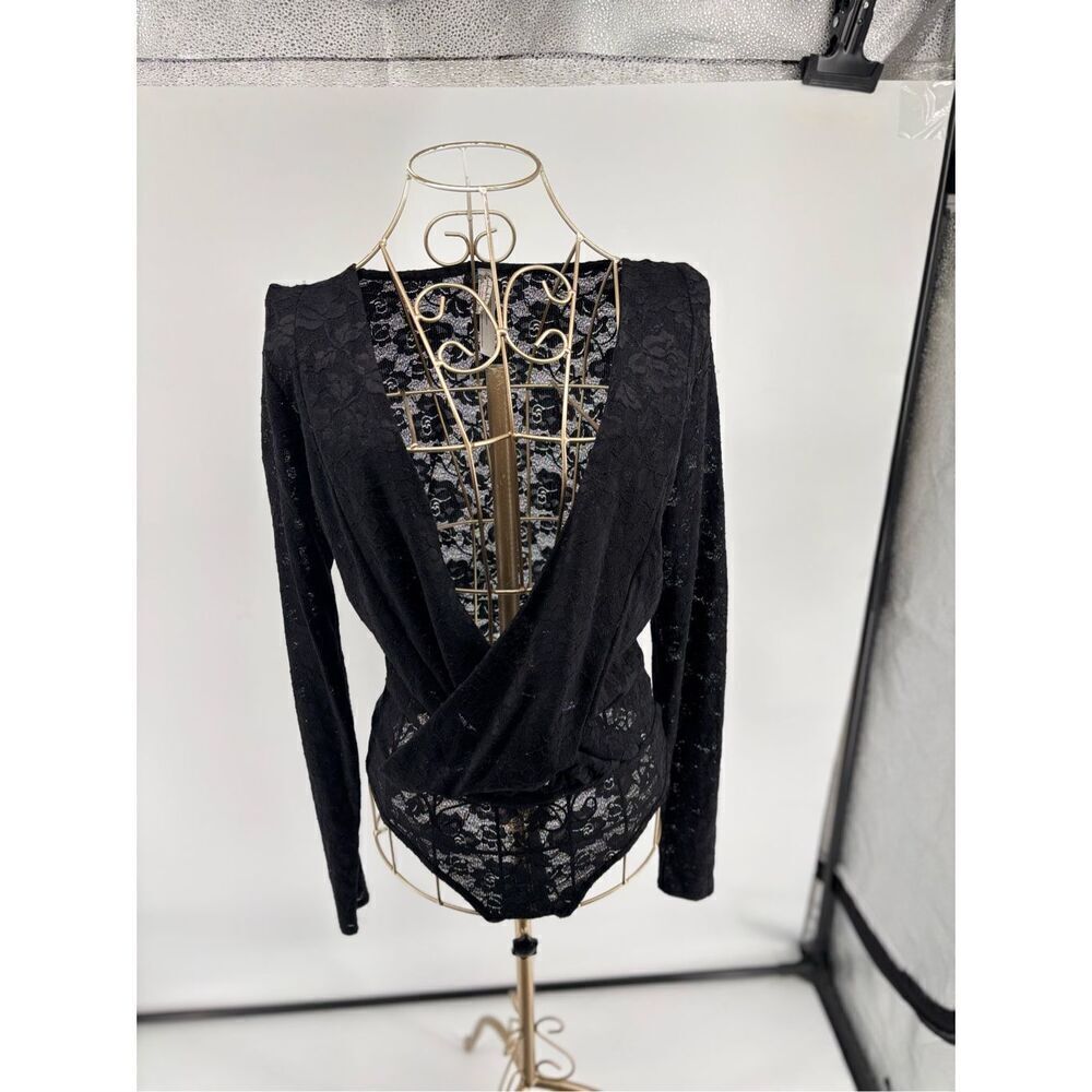 Free People Intimately Lace Wrap Bodysuit Black Long Sleeve Thong M